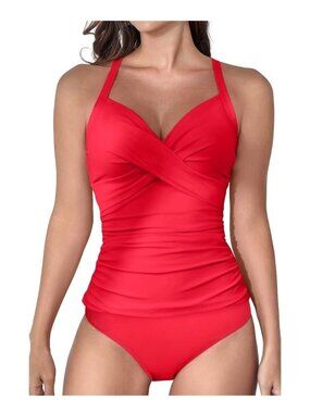 Womens Large Red Ruched Tankini 2-Piece Swimsuit V Necktie Back Tummy Control